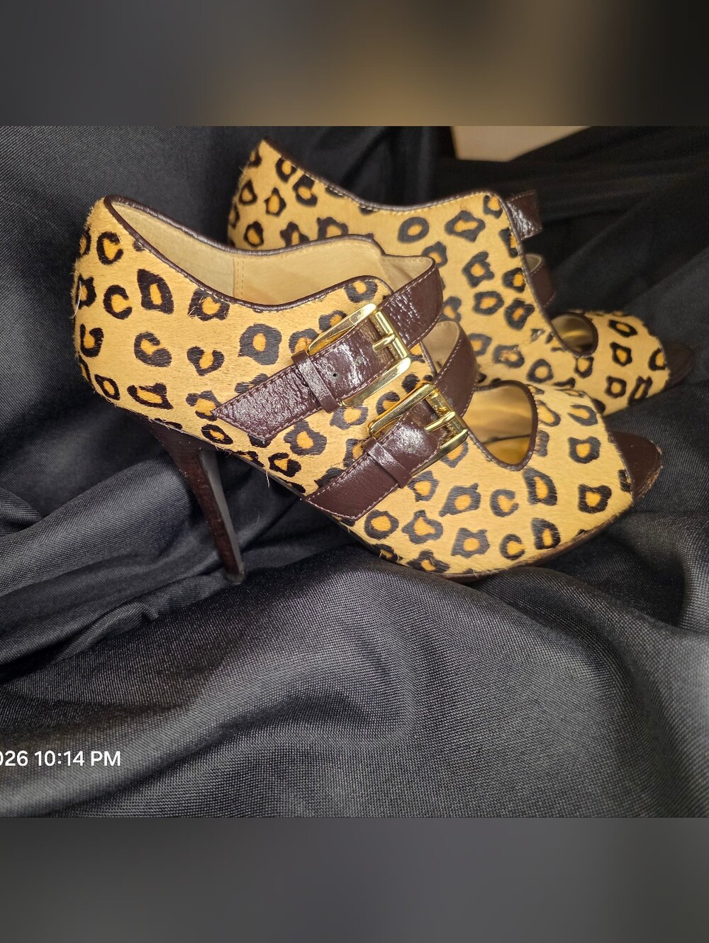 Michael Kors Leopard Print Open-Toe Mary Jane Heels with Brown Straps